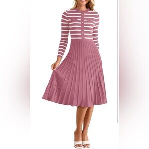 NWT Women Long Sleeve Striped Midi Dresses Pleated A Line Swing Sweater Dress XL